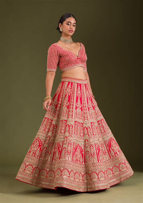 Buy Red Zariwork Silk Semi Stitched Lehenga - Koskii