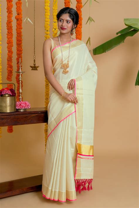 Teejh Karamana Kerala Tissue Pink Saree