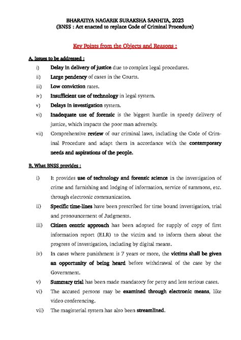 BNSS 2023: Key Points and Comparisons with Cr.P.C. 1973 - Studocu