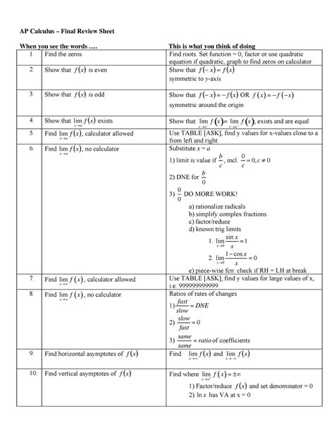 AP Calc Final Review - AP Calculus – Final Review Sheet When you see ...