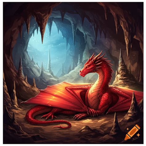 A red dragon rests inside a dark cave with stalactites and glowing ...
