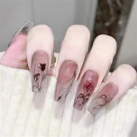 Buy Press On Fake Nails for Weman Rose Theme Long Fake Nails Sexy Style ...