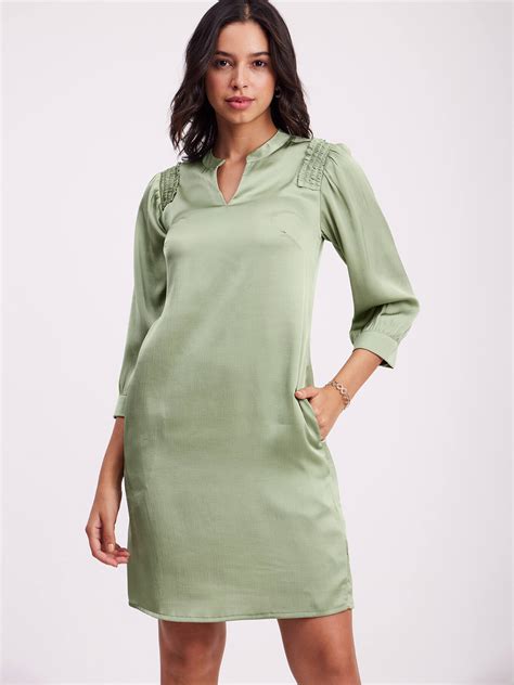 Buy Sap Green Satin Round Neck Dress Online | FableStreet