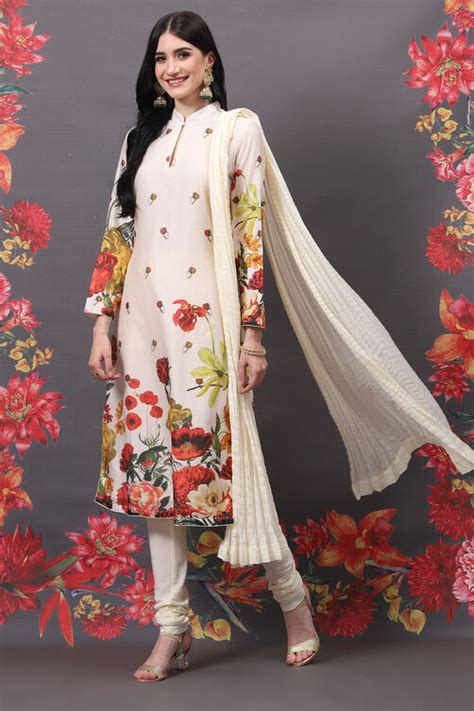 Rohit Bal Off White Cotton Silk Straight Printed Suit Set at Biba India