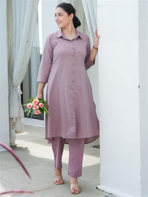 Buy Soft Cotton Solid High Low Dusty Purple Kurta & Trousers TP1692T ...