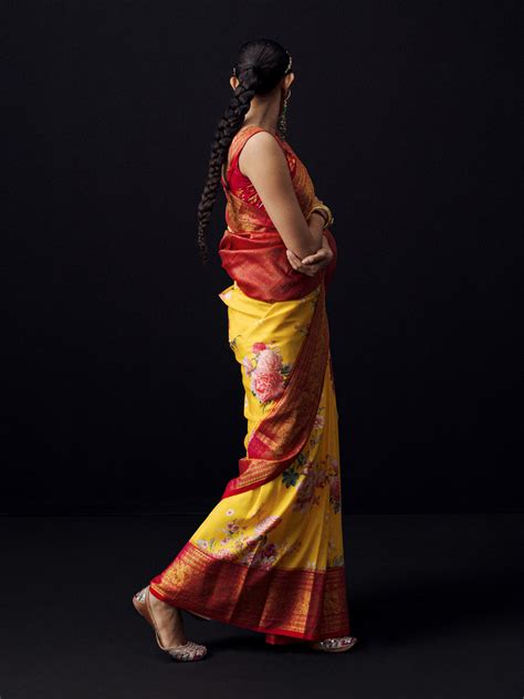 Mustard Kanjivaram floral print saree – thesilkstory