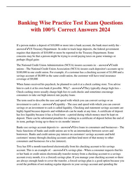 Banking Wise Practice Test Exam Questions with 100% Correct Answers ...