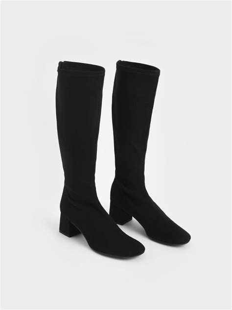 Black Textured Block Heel Knee Boots - Black Textured - CHARLES & KEITH IN