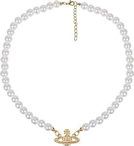 ARZONAI Pearl Saturn Necklace Rhinestone Pendant Planet Choker Retro ...