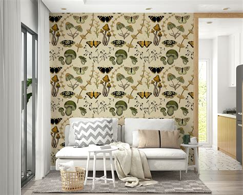 Rustic Autumn Meadow Wallpaper: Hand-Drawn Mushrooms & Butterflies