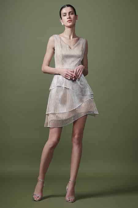 Buy Silver Novel Satin Embroidered Striped Deep V Neck Tiered Dress For ...