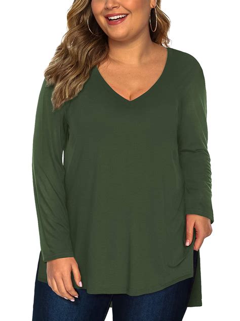 Fancyglim Womens Plus Size Tee Shirts Long Sleeve Tops V Neck Tunic ...