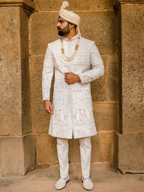 Rent Cream Heavy Dulha Dulhan Embroidered Groom Sherwani