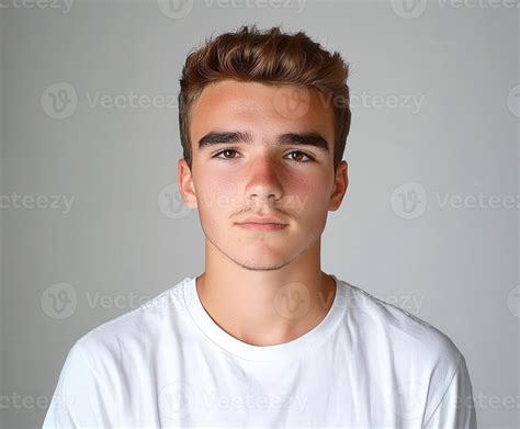 Young man with neutral expression posing against a plain background ...