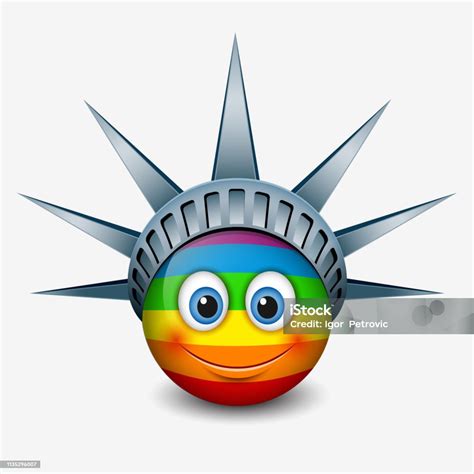 Cute Rainbow Emoticon Wearing Statue Of Liberty Crown New York Emoji ...