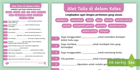 Aktiviti Melengkapkan Ayat Alat Tulis di Dalam Kelas