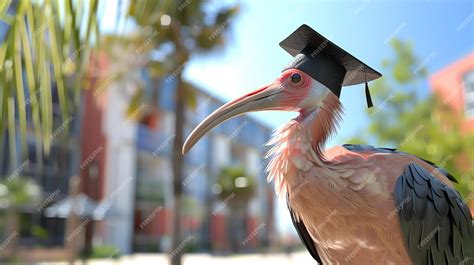 Premium Photo | A scarlet ibis with a graduation cap stands in front of a blurred background of ...