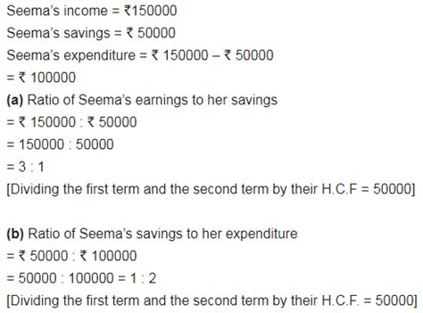 In a year, Seema earns ₹ 1,50,000 and saves ₹ 50,000. Find the ratio of ...