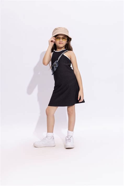 Sleeveless stripes texture Aline dress with printed bag-Black & Multi ...