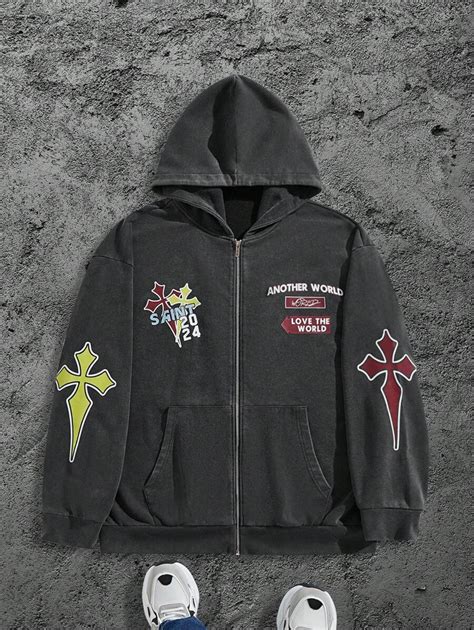 Manfinity Roughcore Plus Size Men's Letter & Cross Print Zip-Up Hoodie ...