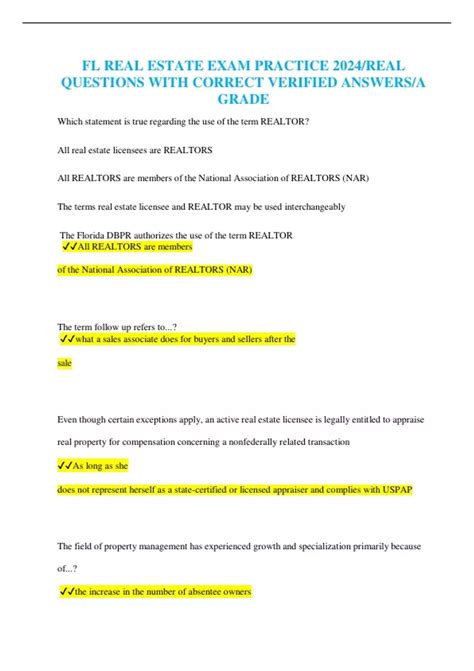 FL REAL ESTATE EXAM PRACTICE 2024/REAL QUESTIONS WITH CORRECT VERIFIED ...