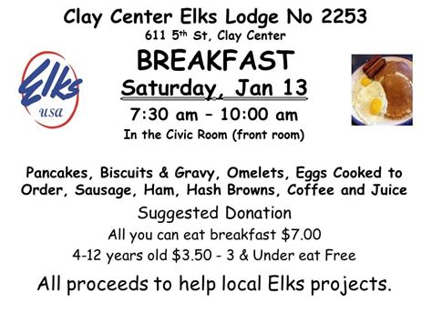 Breakfast at the Clay Center Elks Jan 13, Clay Center Elks Lodge No ...