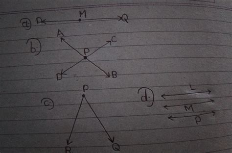 Q22) Draw a figure to show a) point M lies on line PQ. b) Line AB nd CD ...