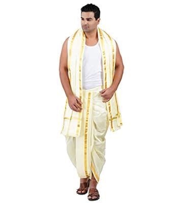 Buy PRAKASAM COTTON Mens Silk Mix Cream Colour with Gold Jari Border ...