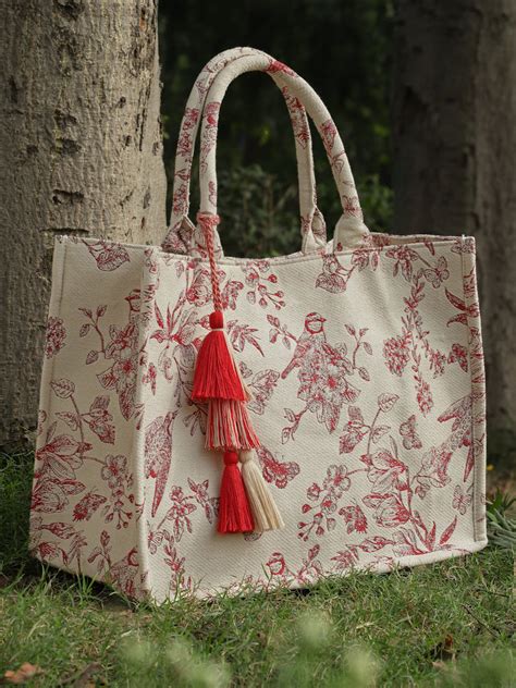 Anekaant Jungle Natural & Wine Toile Jacquard Cotton Handheld Bag