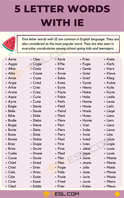 272 Examples of 5 Letter Words with IE in English • 7ESL