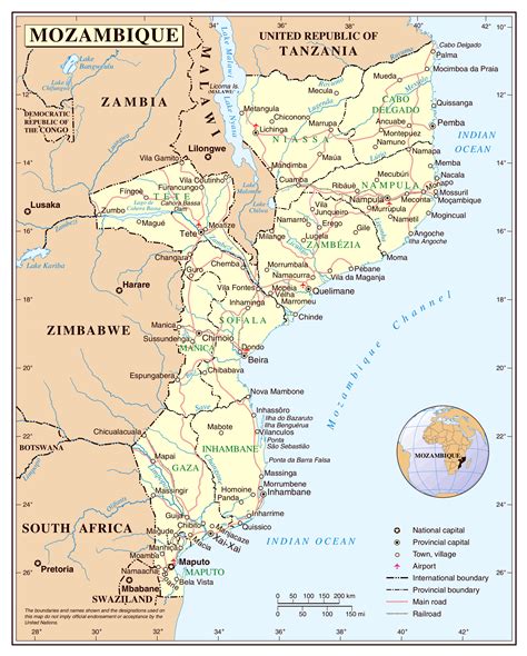 Large detailed political and administrative map of Mozambique with cities, roads, railroads and ...