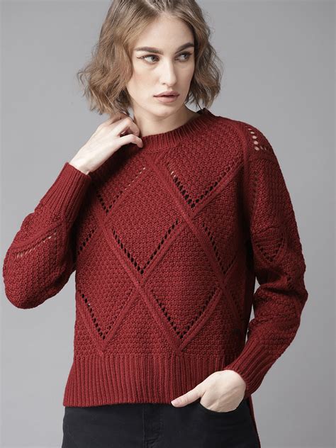 Buy The Roadster Lifestyle Co Women Maroon Self Design Sweater ...