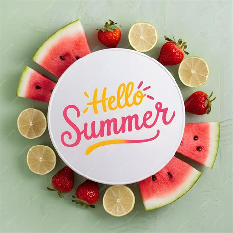 Whimsical summer themed design with fruit slices and Hello Summer in pink cursive For Social ...