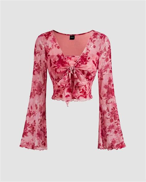 Tie-Up Bell Sleeve Floral Crop Top in Pink - Littlebox India