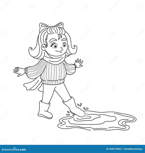 Coloring Page Pretty Girl Enters into a Puddle. Kid in Rubber Boots ...