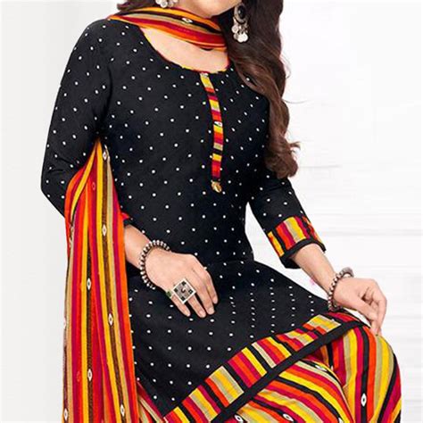 Black Printed Crepe Patiala Dress Material