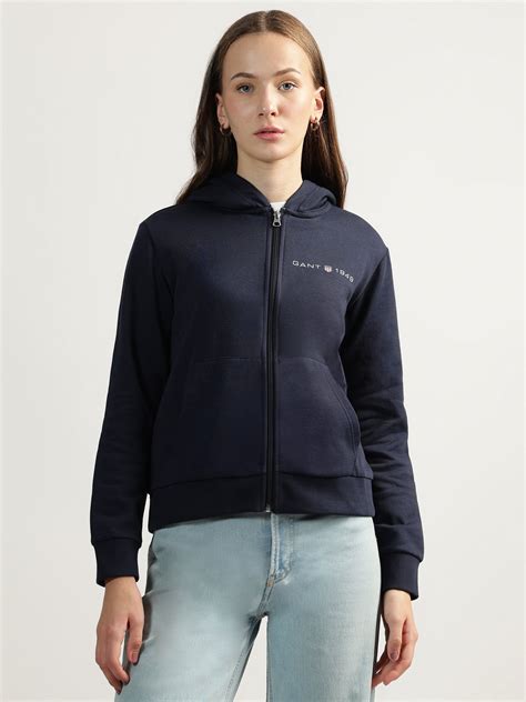Shop Gant Women Blue Solid Hooded Full Sleeves Front-open Sweatshirt ...