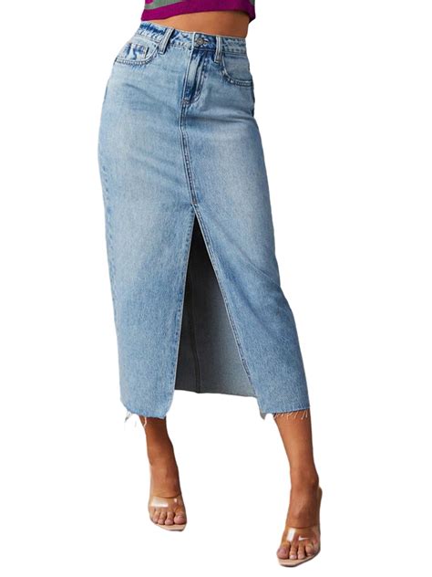 Douhoow Women Long Denim Skirts Blue High Waist Side Split Skirt ...