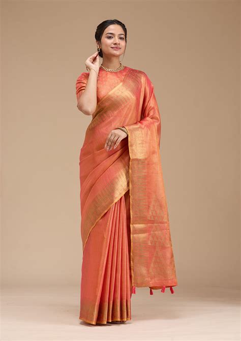 Buy Rust Printed Linen Silk Saree - Koskii