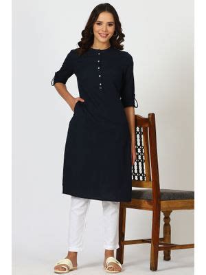 Buy W Navy Blue Mandarin Collar Cotton Blend Straight Kurta (M) Online