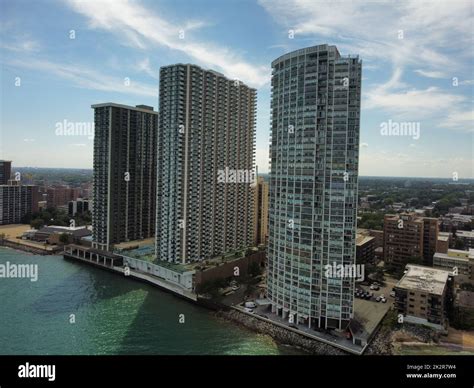 A drone view of high residential buildings in Chicago, Edgewater ...