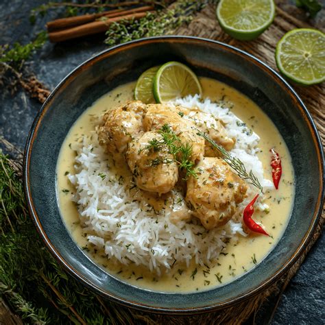 Golden Coconut-Lime Chicken in Creamy Sauce with Steamed Jasmine Rice