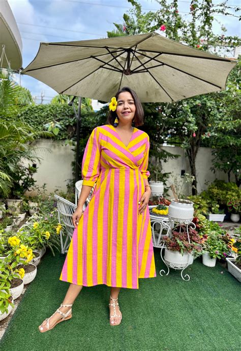 Pink Yellow Stripe Linen Cotton Midi Dress- XL
