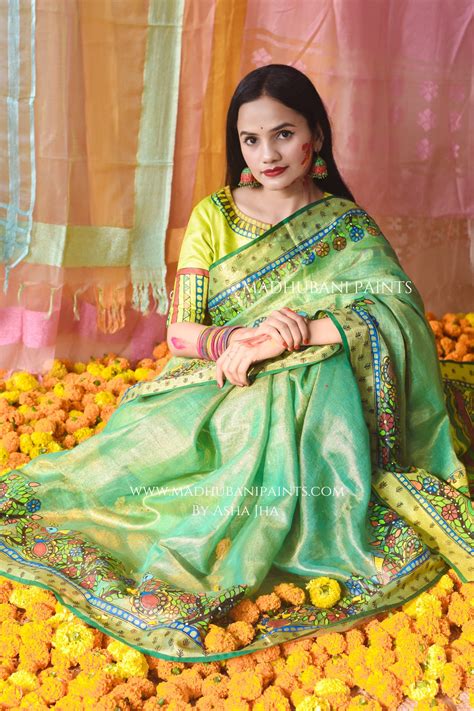VASANTI Hand-painted Madhubani Tissue Linen Saree – MADHUBANI PAINTS BY ...
