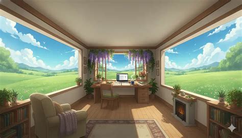 ghibli anime study room – serene green field view Wallpaper 4K HD Free ...