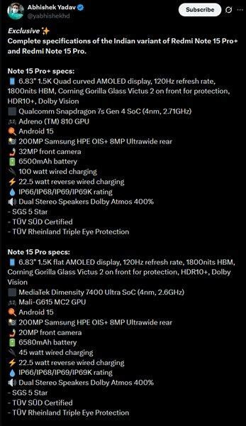 Redmi Note 15 Pro and Note15 Pro+ Indian Variant Specifications Leaked ...