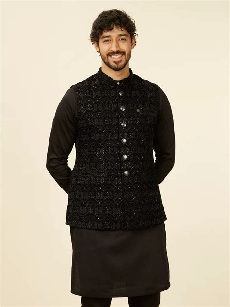 Buy Kohl Black Scallop Shell Patterned Nehru Jacket Online in India ...