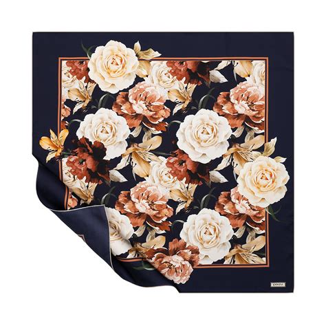 Navy Cream Bouguet Twill Silk Scarf | Ipekevi