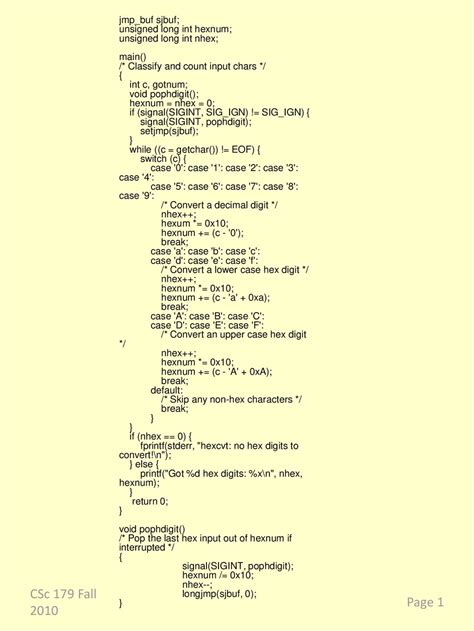 CSc 179 Fall 2010 jmp_buf sjbuf; unsigned long int hexnum; - ppt download