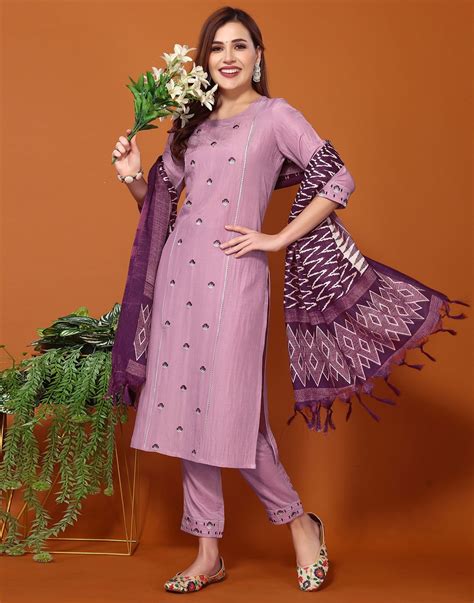 Light Purple Embroidery Chinnon Straight Kurta With Pant And Dupatta ...